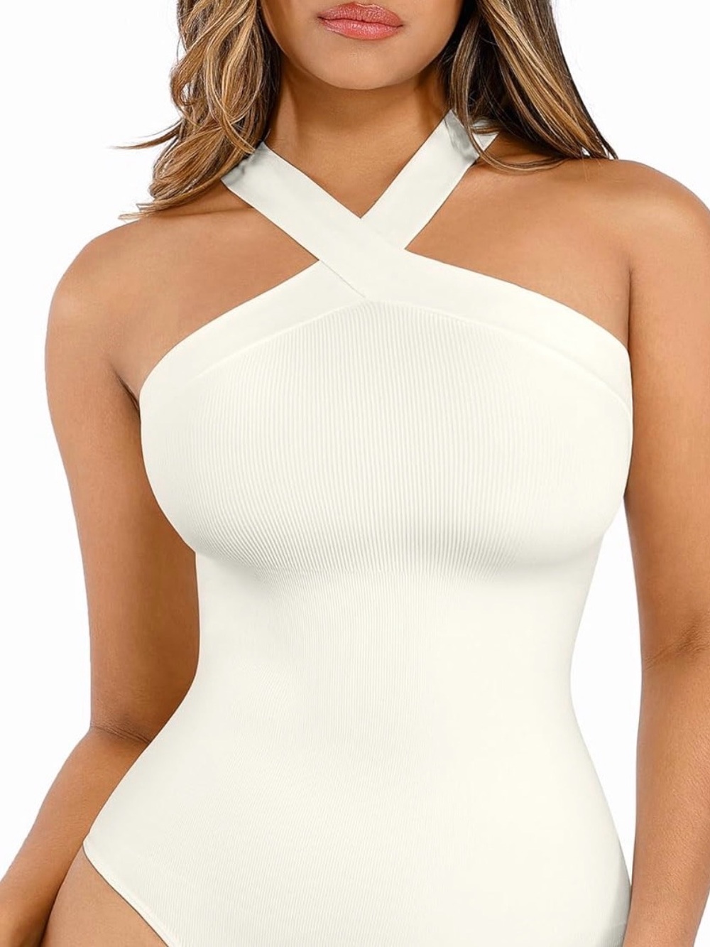 Sleeveless Cross-Neck Ribbed Bodysuit - White